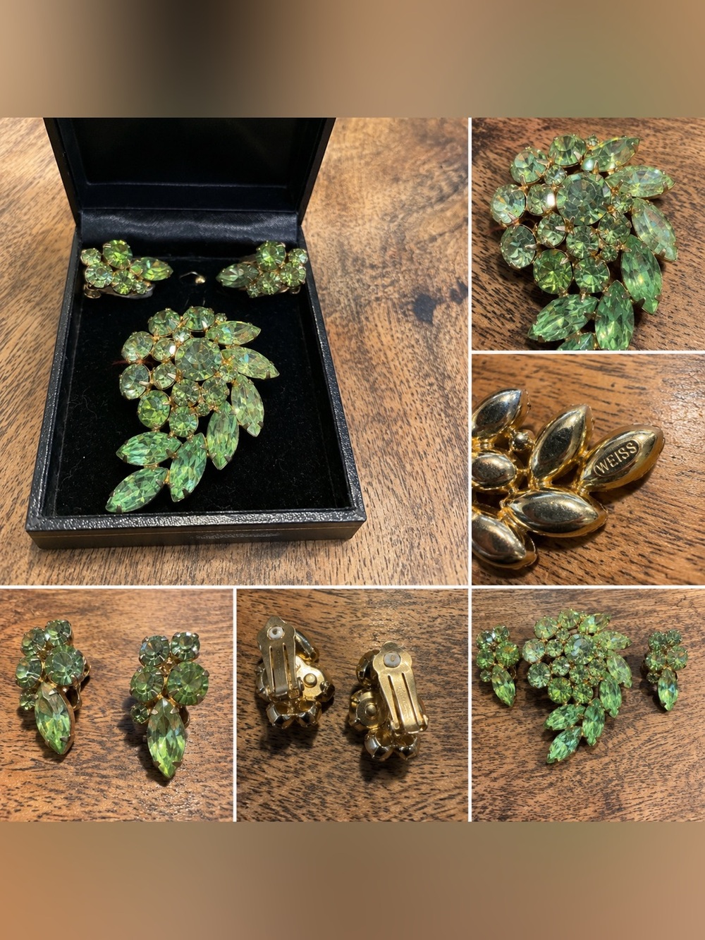 Signed WEISS Vintage Peridot Green Rhinestone Brooch & Clip Earrings Set